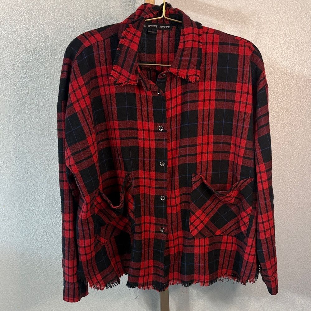 HYFVE Red and Black Plaid Utility flannel- frayed hem- large